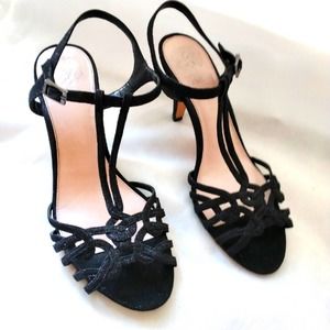 Vince Camuto Strappy Heels Sz 10M BLACK Princess Scroll Sparkle & Ankle Strap